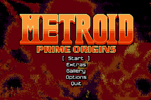 Retro pixel-art title screen: 'Metroid Prime Origins' with Start, Extras, Gallery, Options, Quit menu items centered below the logo.